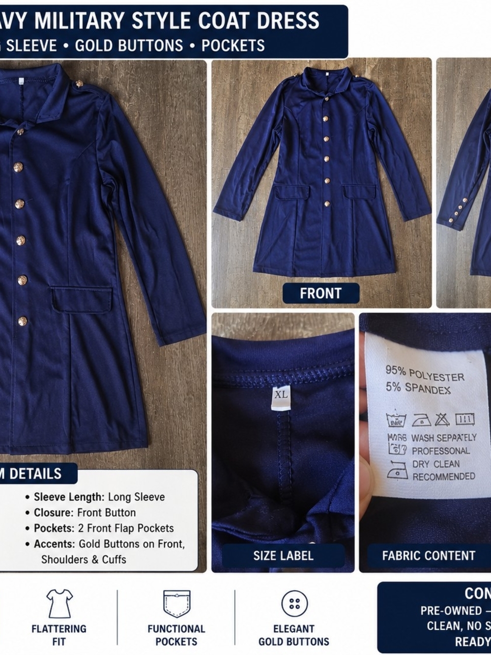 Amazon Essentials Navy Military Style Coat Dress with Gold Buttons